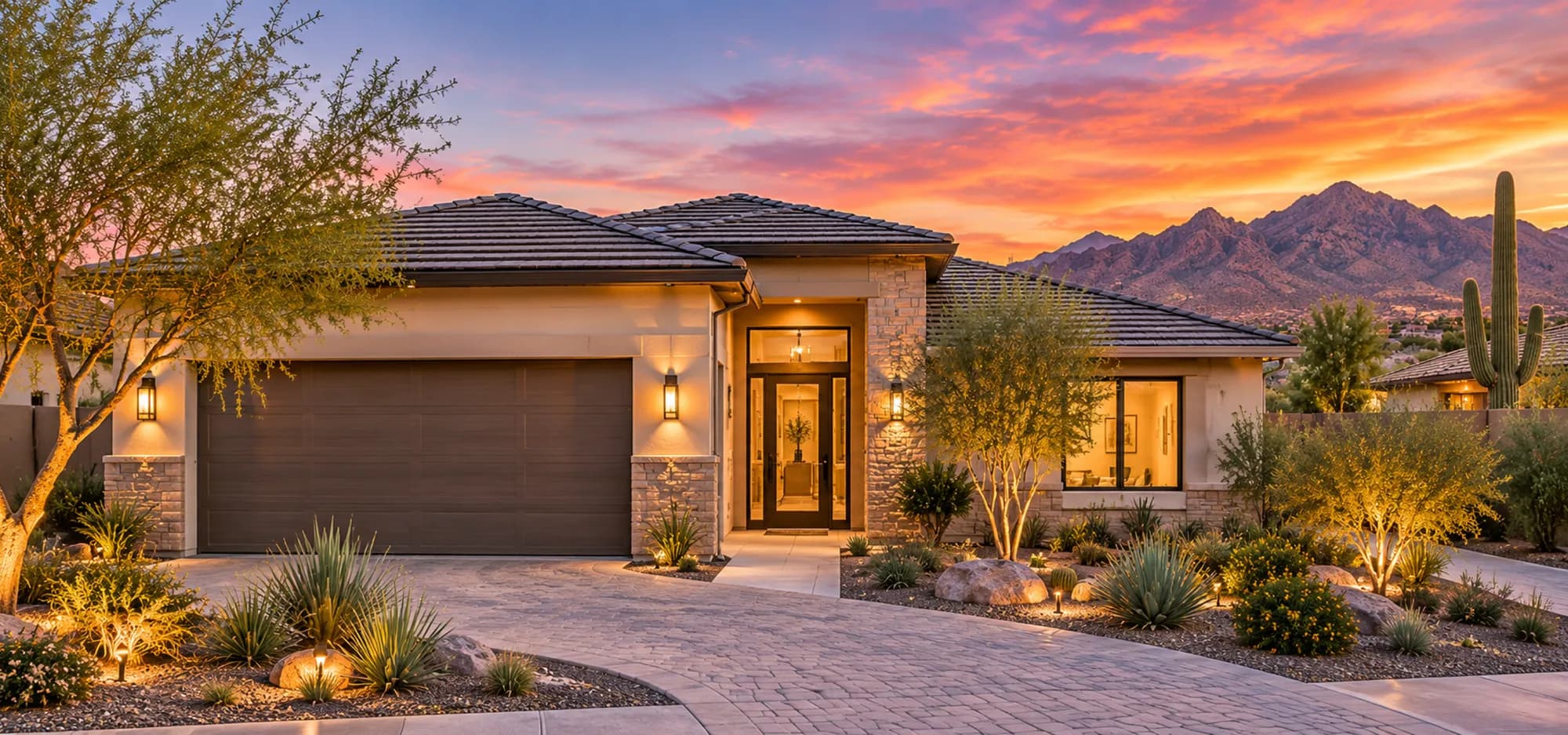 Arizona home exterior at twilight with desert landscaping — Vicaso photography