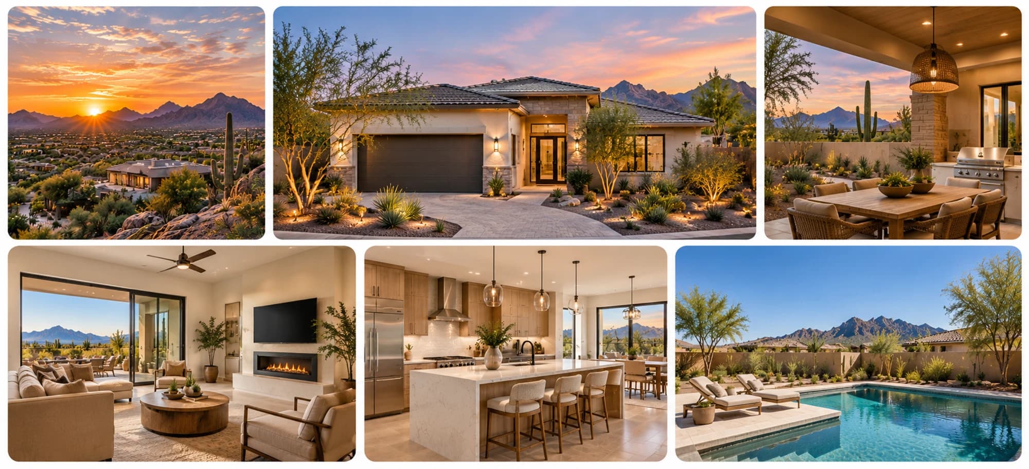 Vicaso TrueView® gallery — Arizona sunset aerial, exteriors, outdoor living, interiors, kitchen, and pool