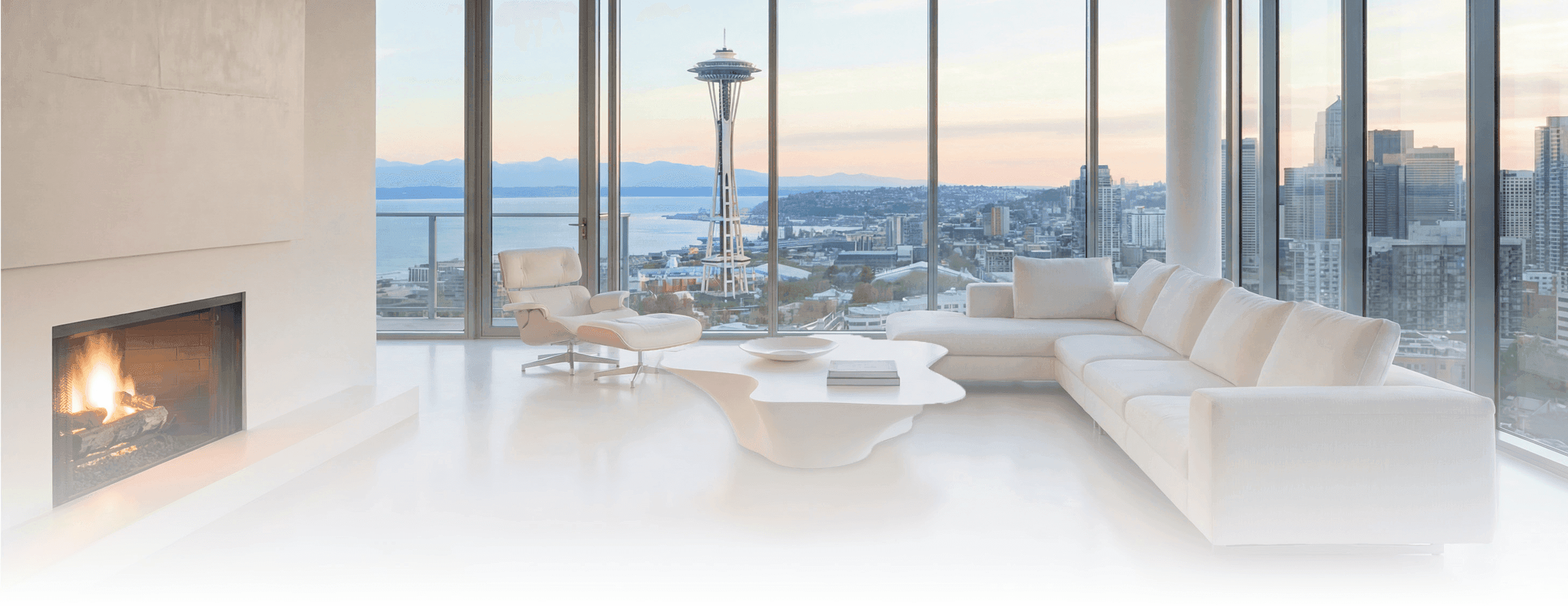 Luxury living room with Seattle skyline — Vicaso real estate photography