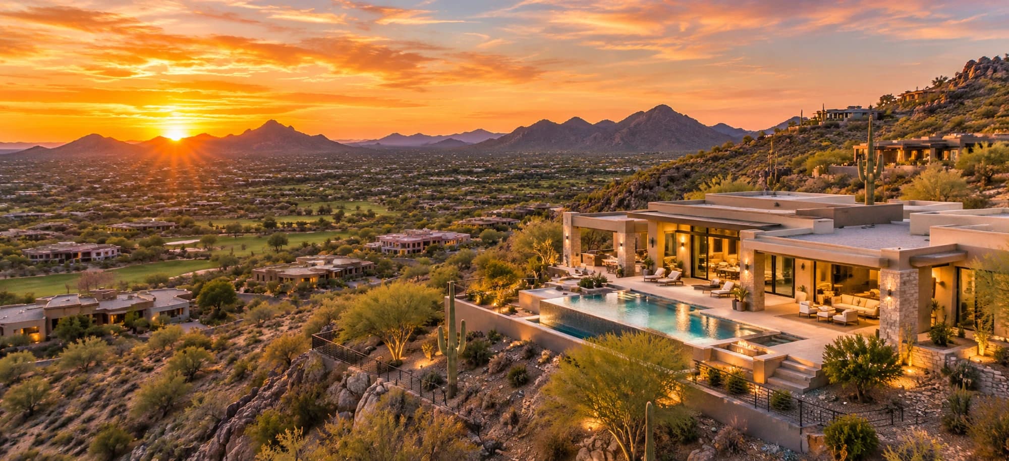 Aerial drone photo of an Arizona hillside home at sunset, photographed by Vicaso