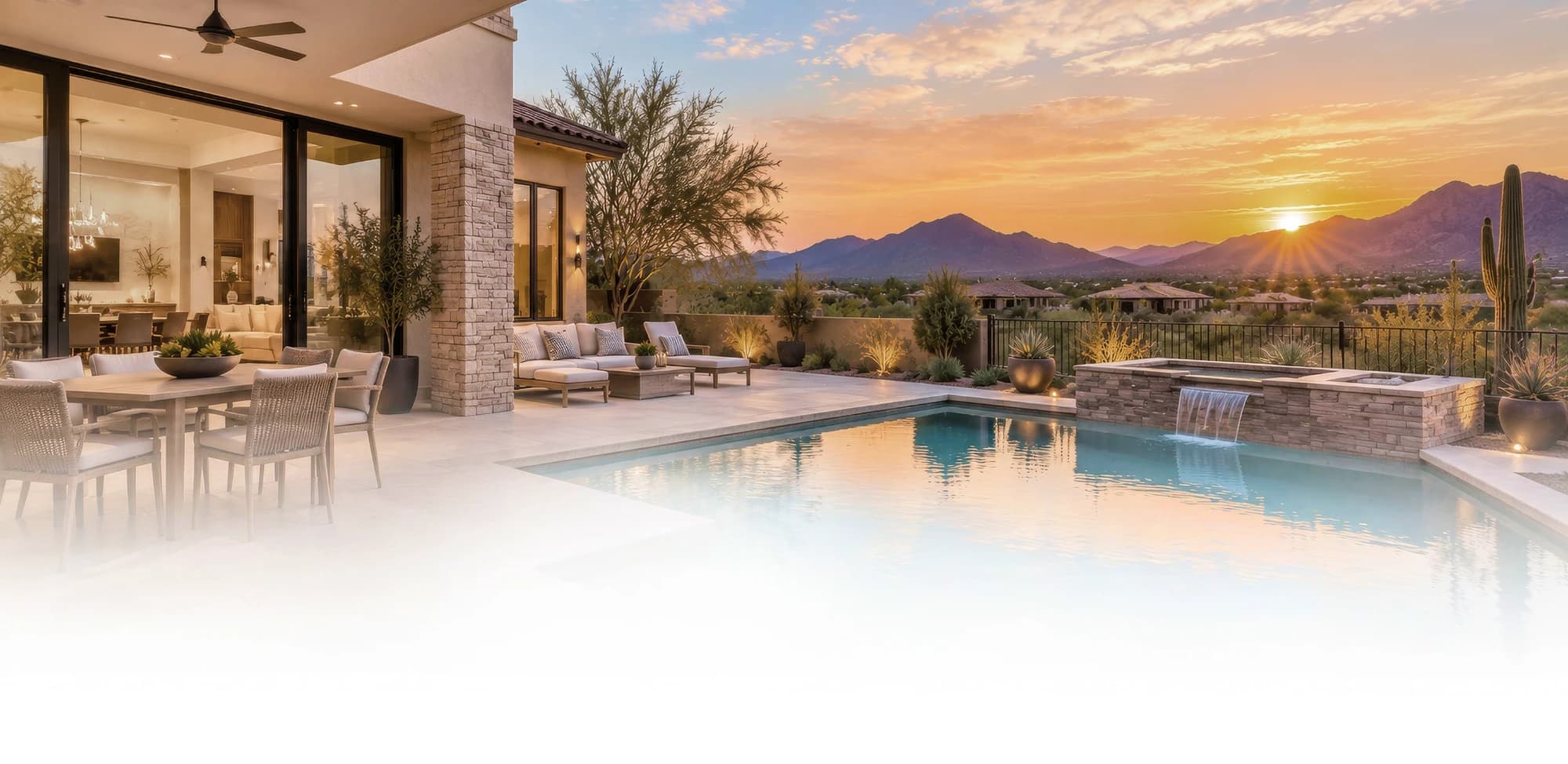 Arizona desert home with a pool and mountain sunset — Vicaso real estate photography
