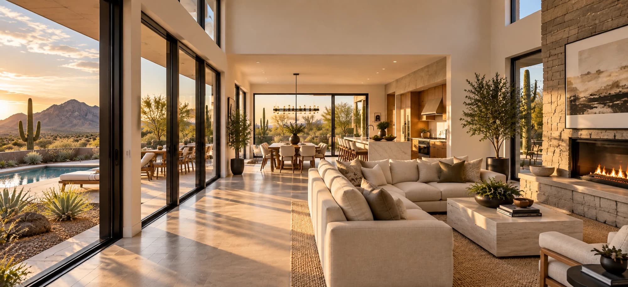 Bright Arizona great room with desert views, photographed by Vicaso