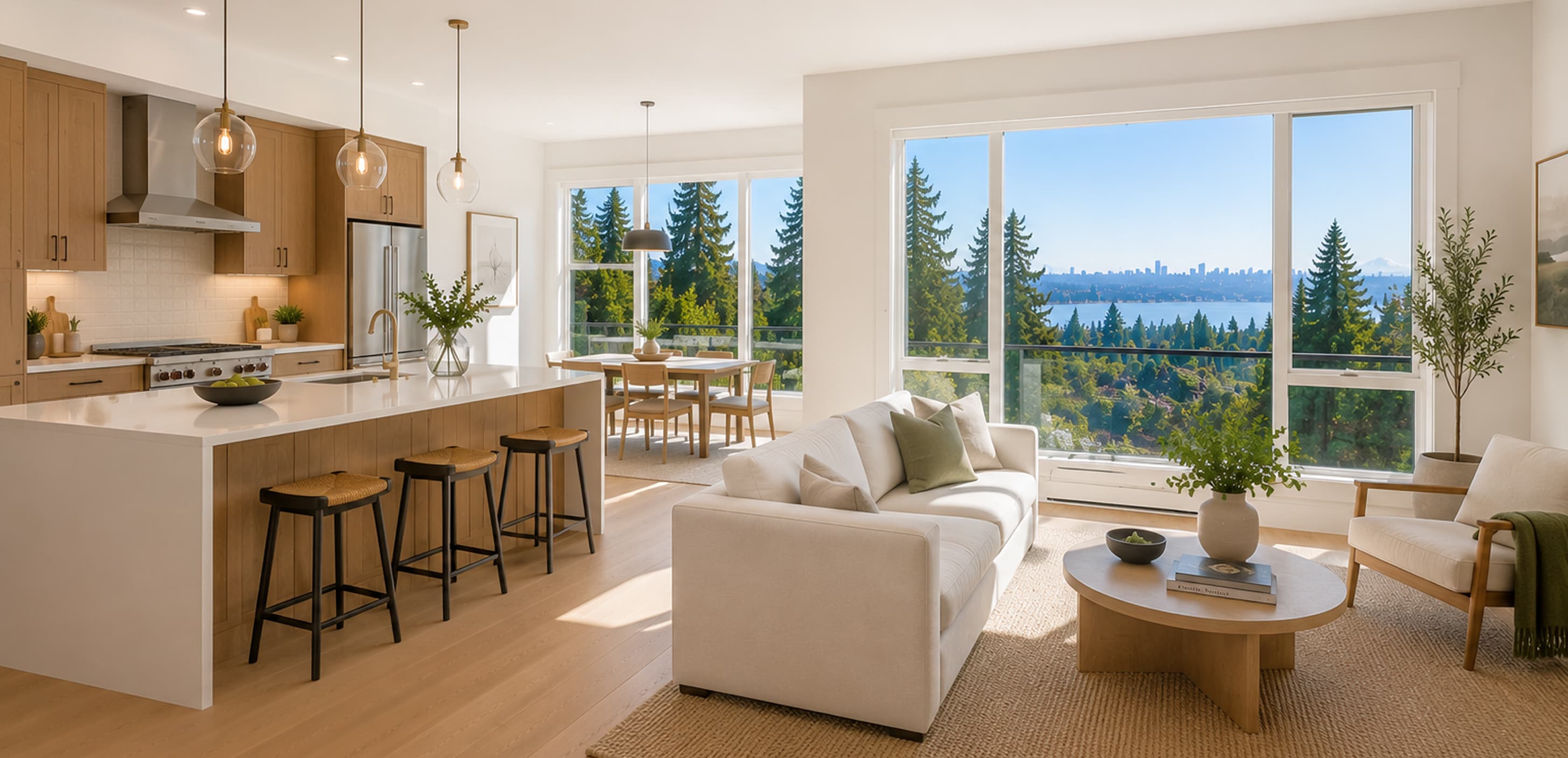 Vicaso photography — bright open-plan living room with Seattle-area view